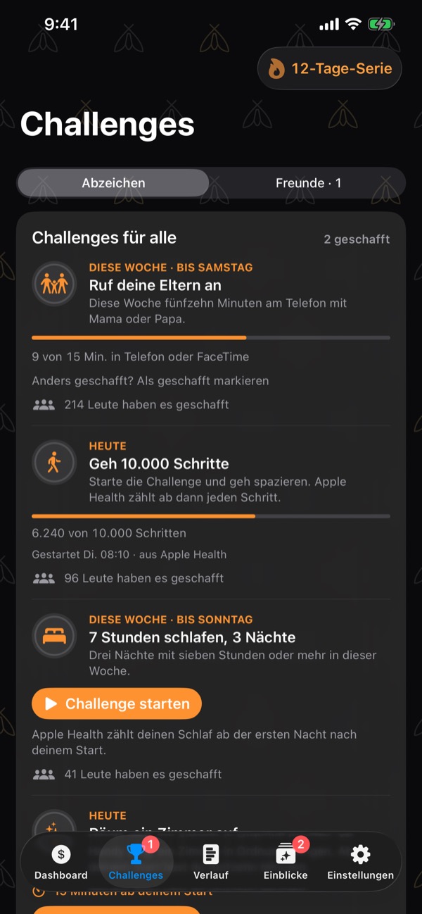 Challenges: everyone's challenges this week and today — call your parents, walk 10,000 steps, sleep 7 hours three nights — with progress bars and how many people have done each.