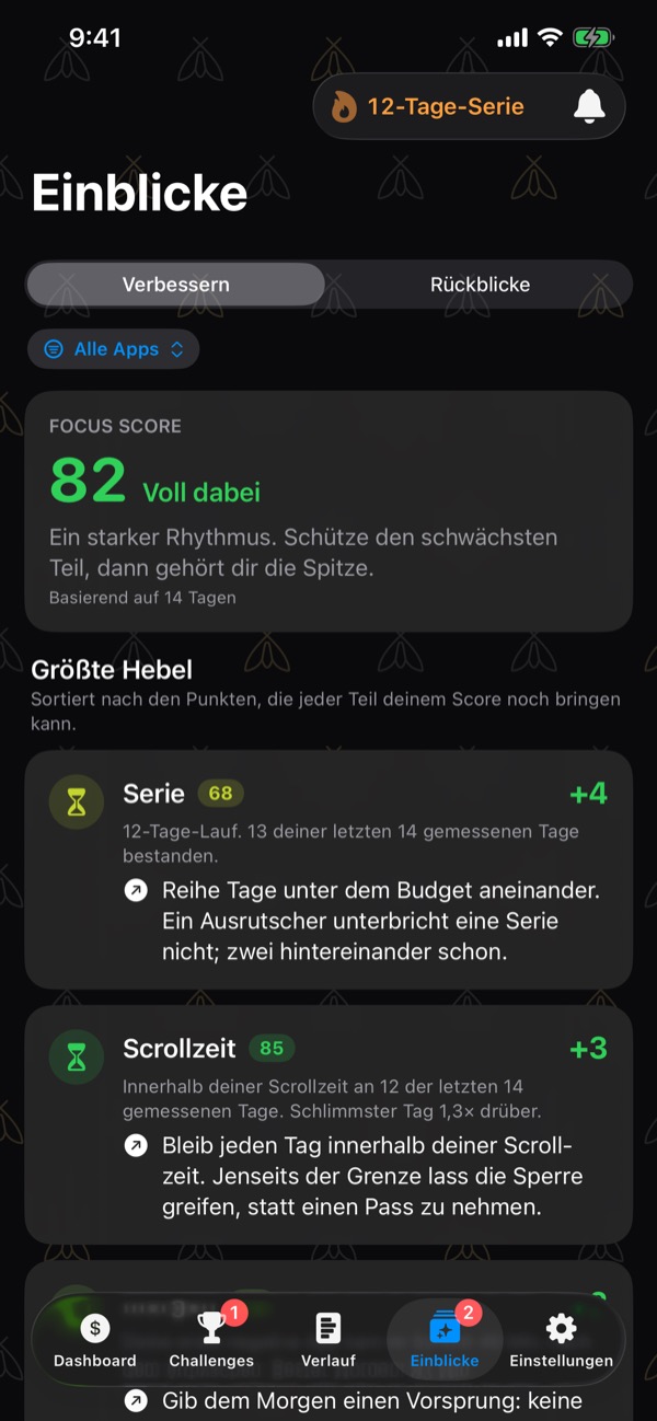 Insights, Improve: the Focus Score 82 Locked In, then the biggest lifts — Streak, Scroll Time, Morning — each with the points it could add and what to do.