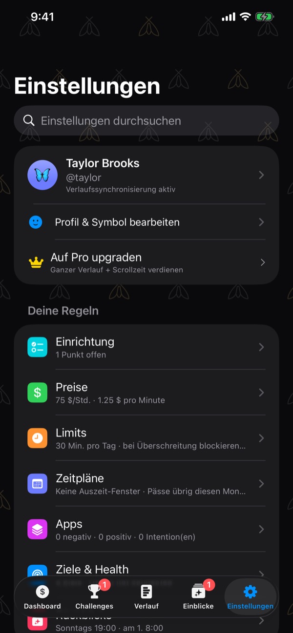 Settings: a search field, the profile card with its butterfly icon, name and username, Edit profile and icon, Upgrade to Pro, then your rules.