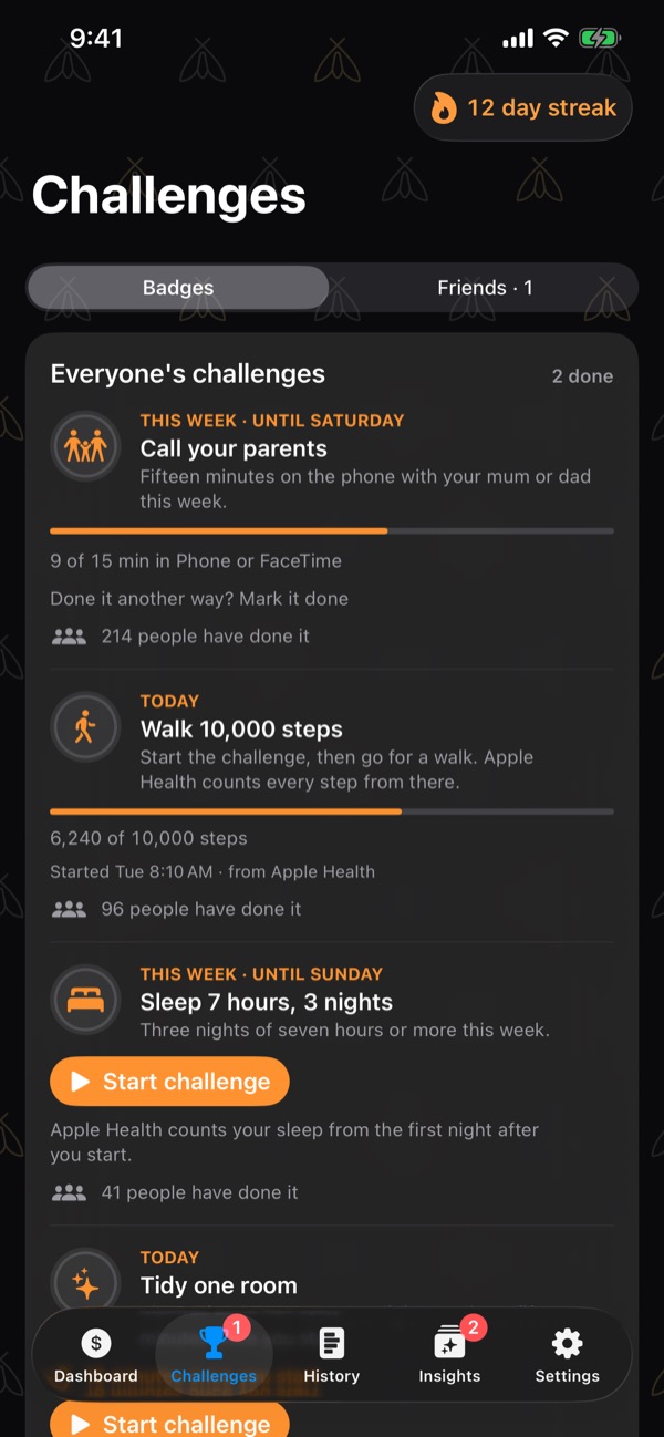 Challenges: everyone's challenges this week and today — call your parents, walk 10,000 steps, sleep 7 hours three nights — with progress bars and how many people have done each.