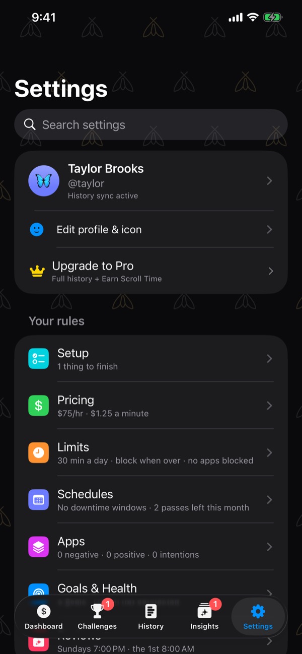 Settings: a search field, the profile card with its butterfly icon, name and username, Edit profile and icon, Upgrade to Pro, then your rules.