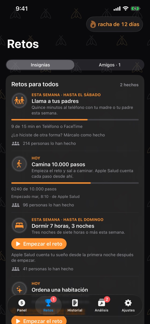 Challenges: everyone's challenges this week and today — call your parents, walk 10,000 steps, sleep 7 hours three nights — with progress bars and how many people have done each.