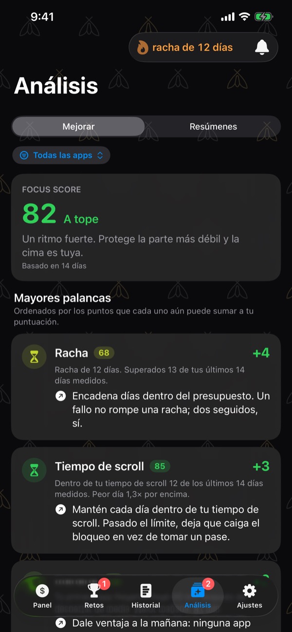 Insights, Improve: the Focus Score 82 Locked In, then the biggest lifts — Streak, Scroll Time, Morning — each with the points it could add and what to do.