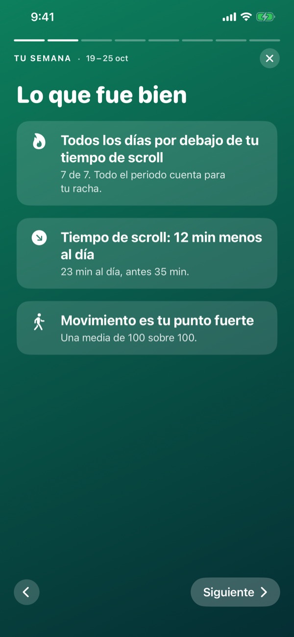 The weekly review, What went well: every day under your scroll time, scroll time down 12 minutes a day, movement your strongest part.