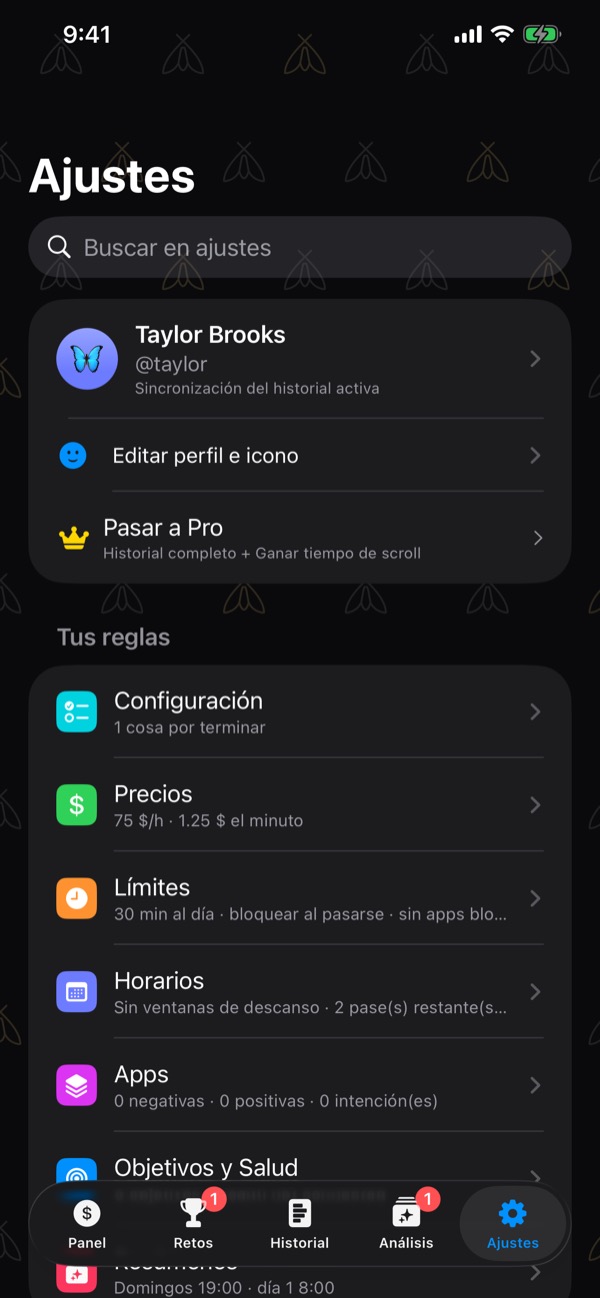 Settings: a search field, the profile card with its butterfly icon, name and username, Edit profile and icon, Upgrade to Pro, then your rules.