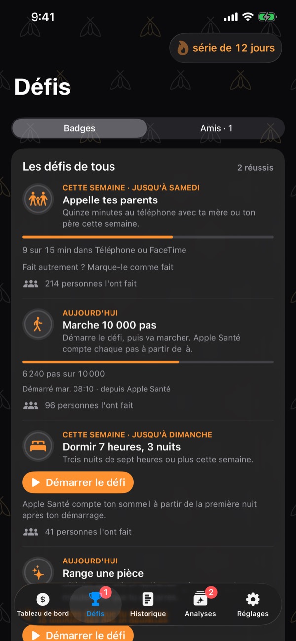 Challenges: everyone's challenges this week and today — call your parents, walk 10,000 steps, sleep 7 hours three nights — with progress bars and how many people have done each.