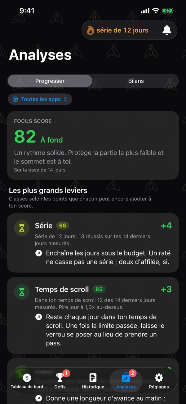 Insights, Improve: the Focus Score 82 Locked In, then the biggest lifts — Streak, Scroll Time, Morning — each with the points it could add and what to do.