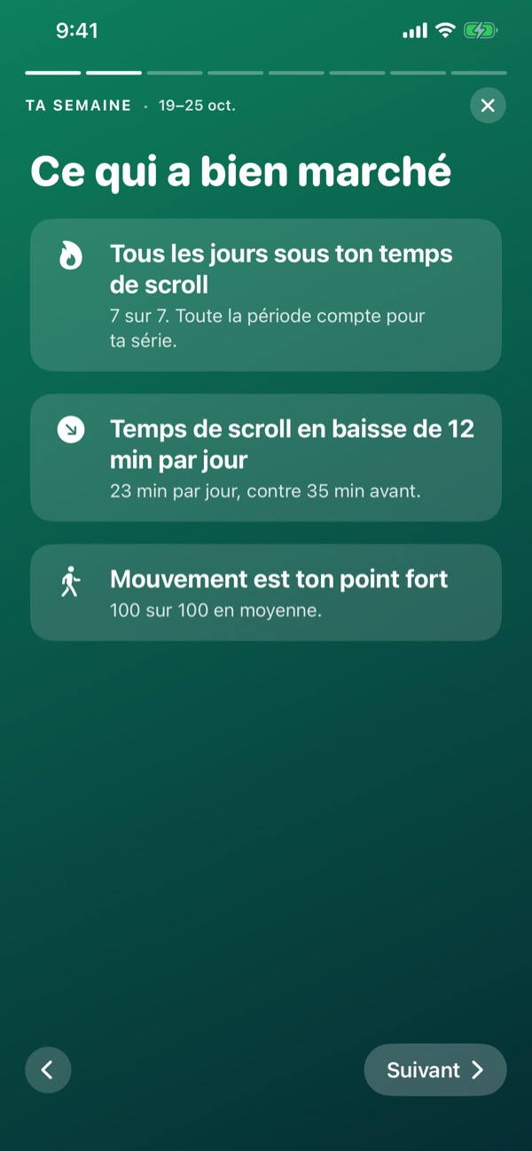 The weekly review, What went well: every day under your scroll time, scroll time down 12 minutes a day, movement your strongest part.