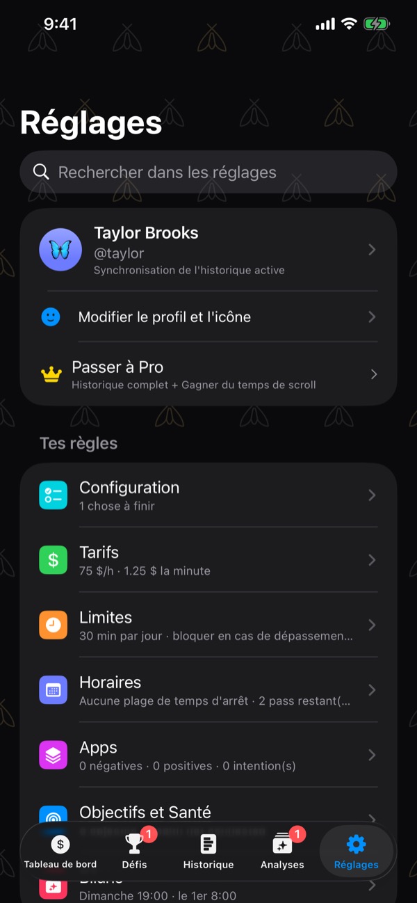 Settings: a search field, the profile card with its butterfly icon, name and username, Edit profile and icon, Upgrade to Pro, then your rules.