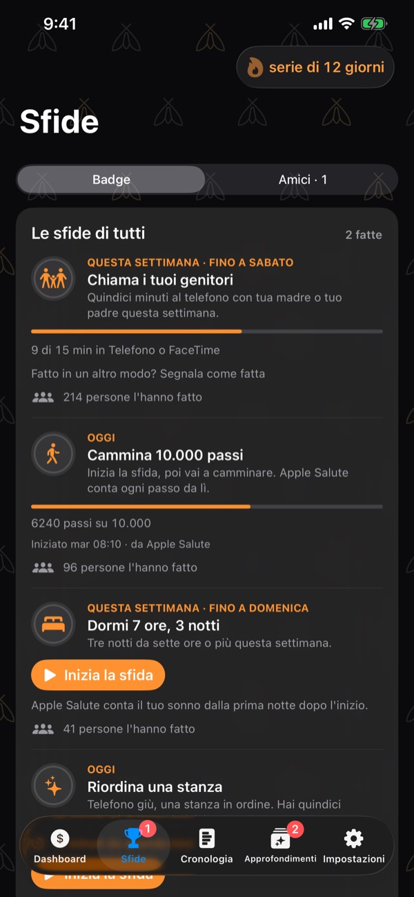 Challenges: everyone's challenges this week and today — call your parents, walk 10,000 steps, sleep 7 hours three nights — with progress bars and how many people have done each.