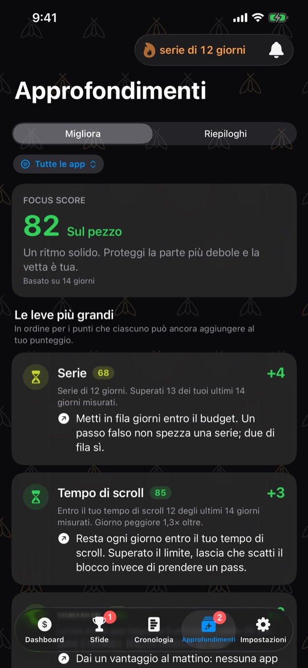Insights, Improve: the Focus Score 82 Locked In, then the biggest lifts — Streak, Scroll Time, Morning — each with the points it could add and what to do.