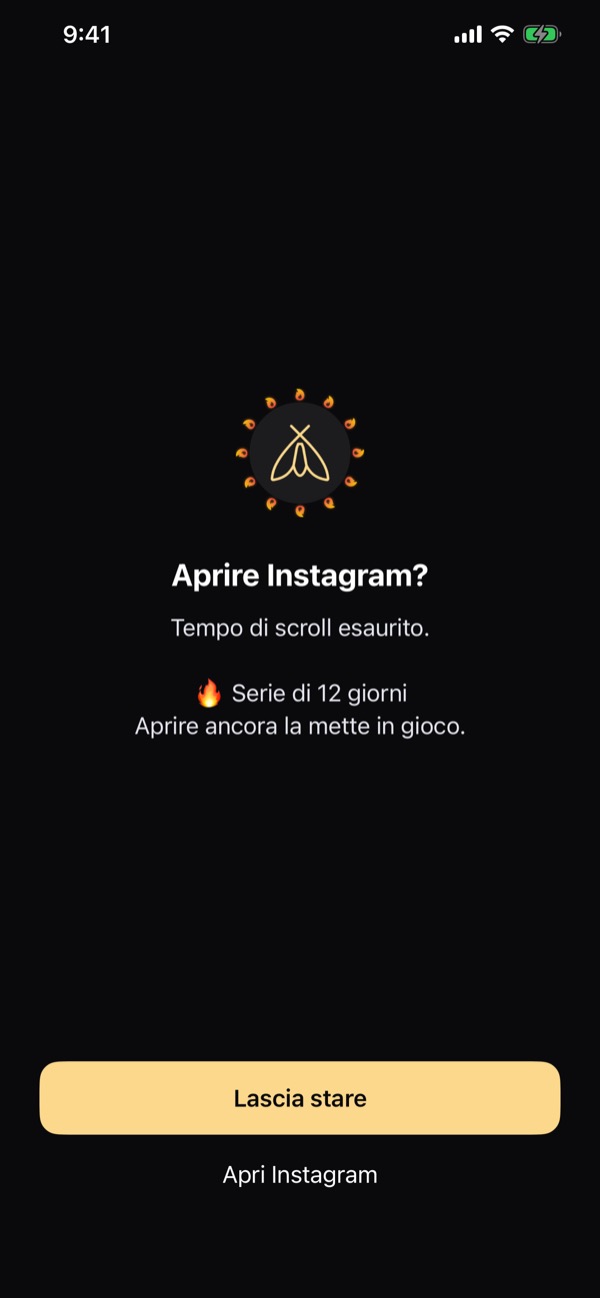 The pause screen over Instagram: the moth in a ring of streak flames, Open Instagram?, scroll time used up, a 12 day streak on the line, and Nevermind above Open Instagram.