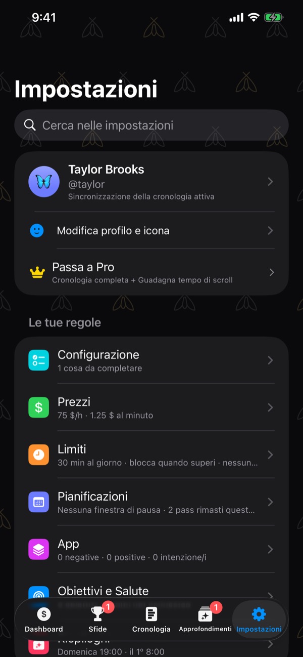 Settings: a search field, the profile card with its butterfly icon, name and username, Edit profile and icon, Upgrade to Pro, then your rules.